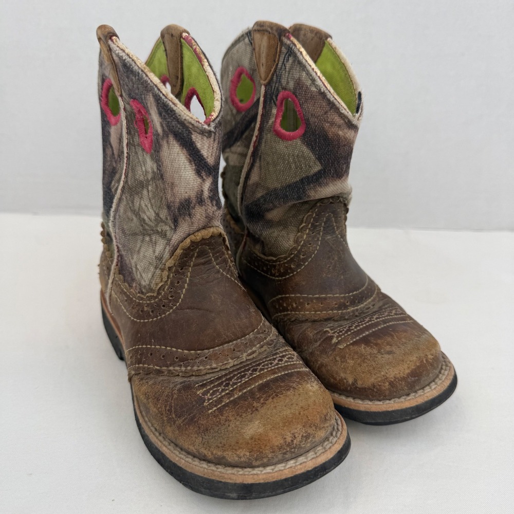 Ariat Kids Fatbaby Camo Western Boots Brown Leather Pink Trim Size 11.5